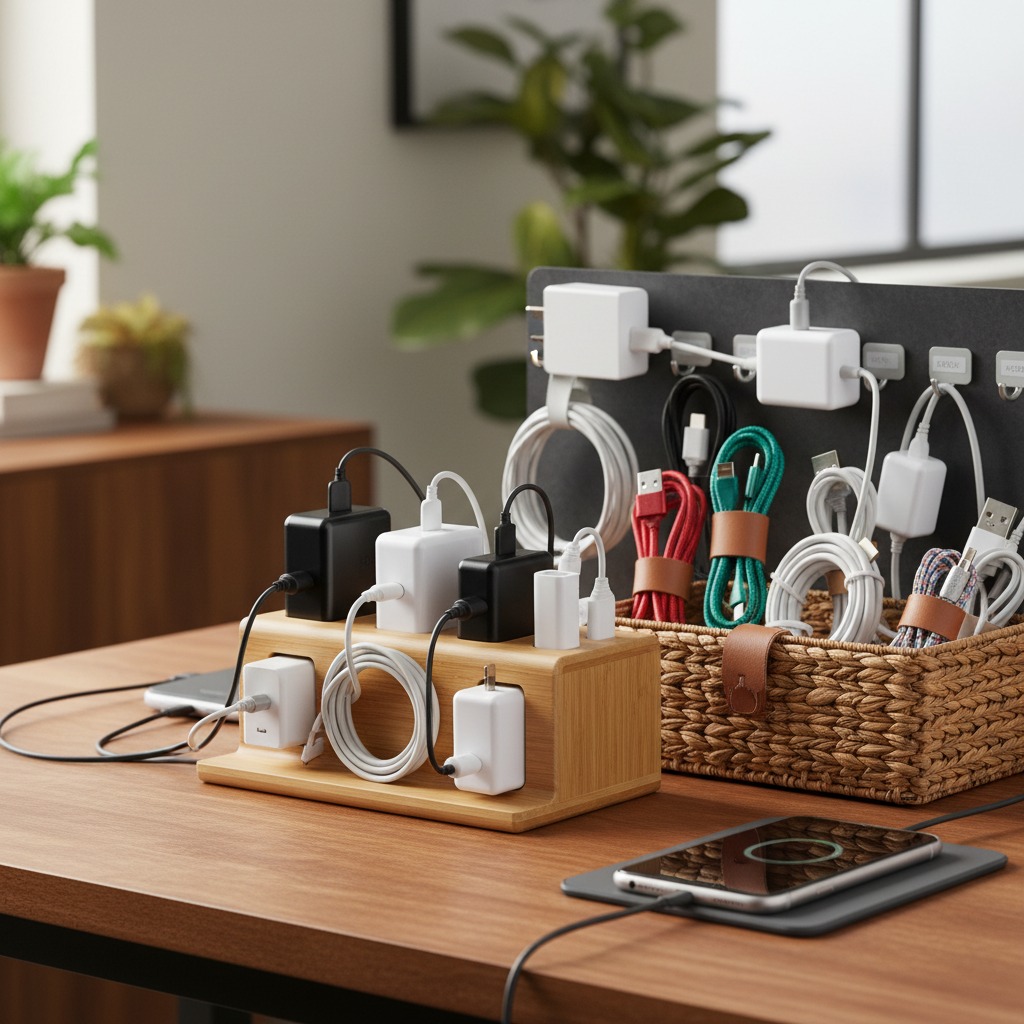 A wooden charging station and a woven basket on a desk hold various connected devices and coiled cables.