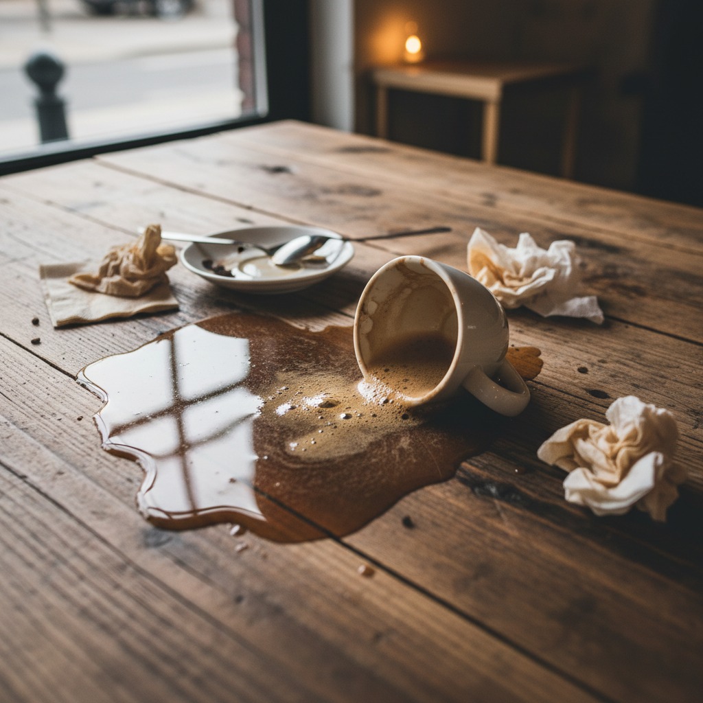 A spilled cup of coffee forms a large puddle on a wooden table, surrounded by crumpled napkins.